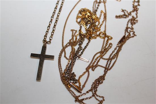 9ct gold cross on unmarked chain, 4 15ct gold fine chains & another unmarked chain (6)